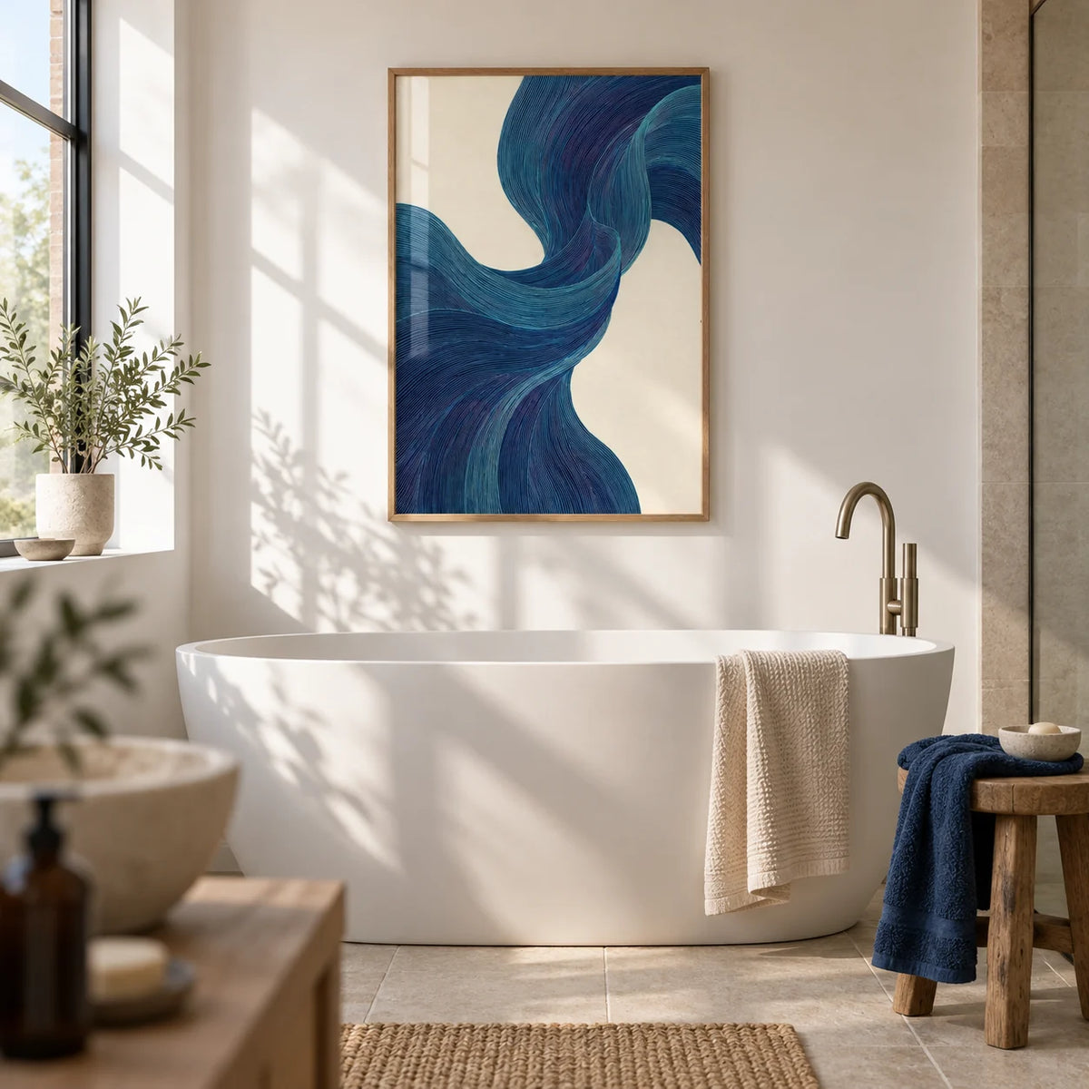 Blue Flowing Wall Art, framed on the wall of a calm bright bathroom