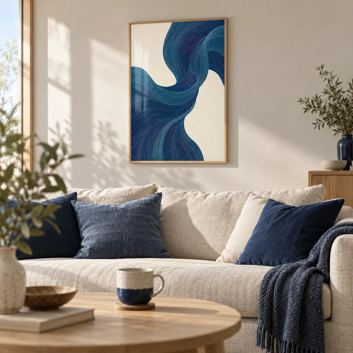 Blue Flowing Wall Art, framed on the wall of a calm Scandinavian living room