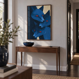 Blue Fox Prints, framed on the wall of a hallway with a pale grey wall and dark wood floor