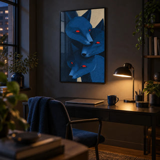 Blue Fox Prints, framed on the wall of a home office at night with a dark grey wall