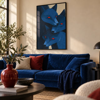Blue Fox Prints, framed on the wall of a modern living room with a warm cream wall
