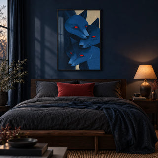 Blue Fox Prints, framed on the wall of a moody bedroom with a deep navy painted wall