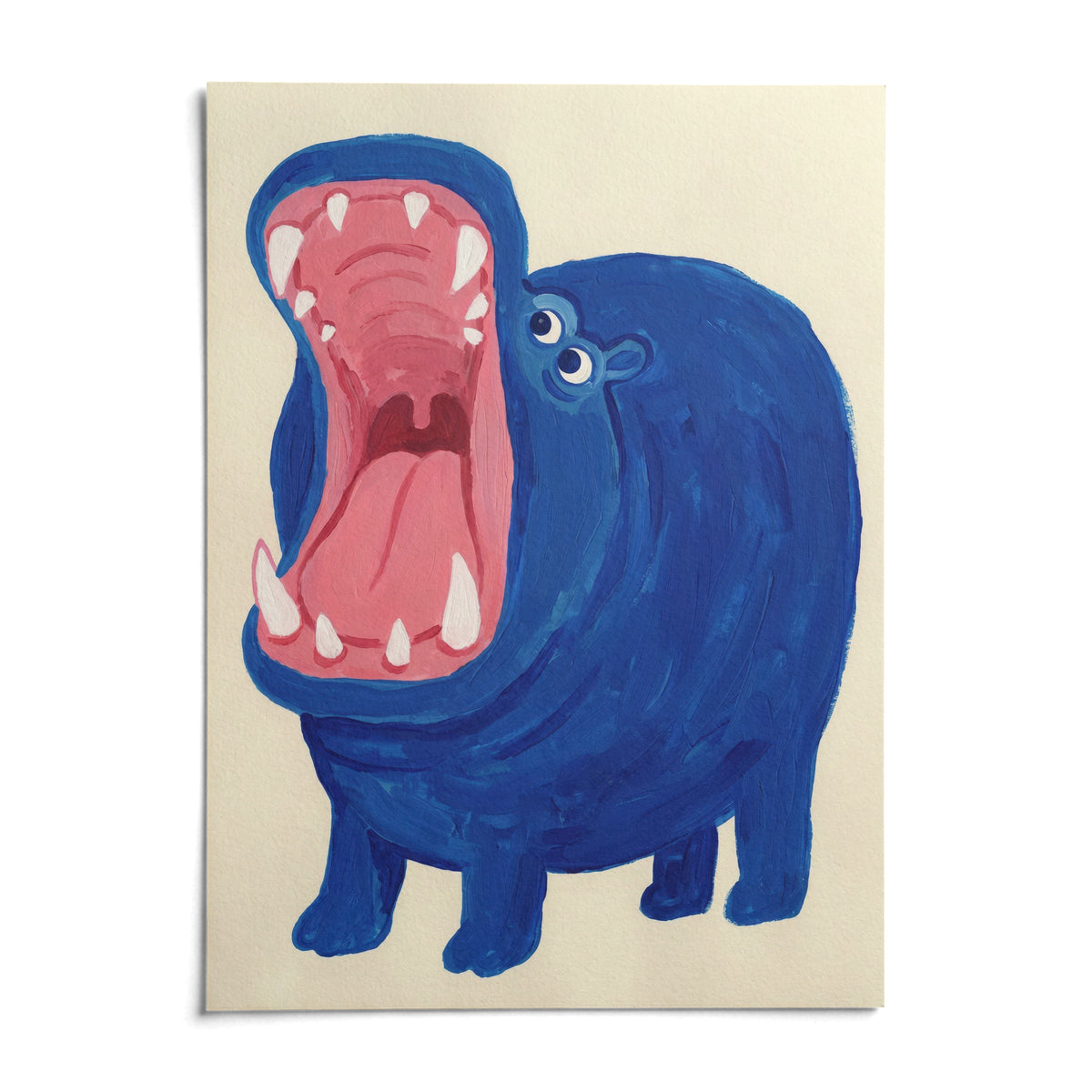 Blue Hippo Art Print, shown as an unframed paper print on a plain white background