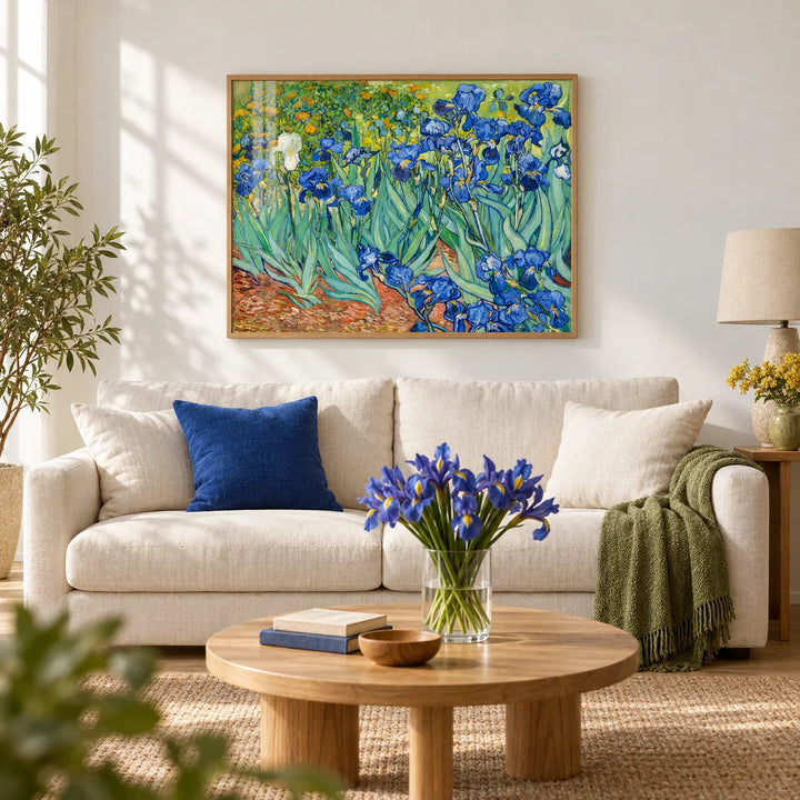 Blue Iris Wall Art, framed on the wall of a calm living room with a soft white wall and a light oak floor