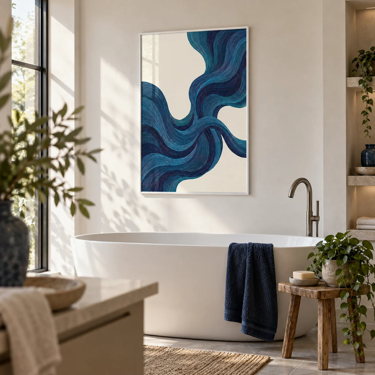 Blue Line Wall Art, framed on the wall of a calm bathroom