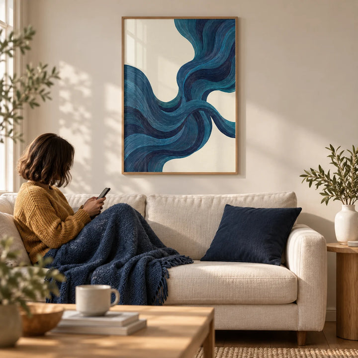 Blue Line Wall Art, framed on the wall of a calm living room