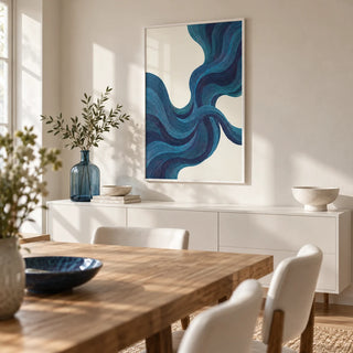 Blue Line Wall Art, framed on the wall of a light dining room
