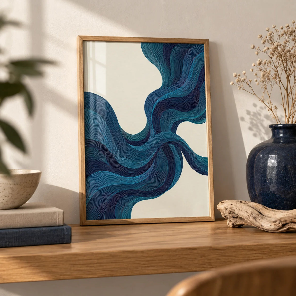 Blue Line Wall Art, a small A4 framed print leaning on an oak shelf in a living room