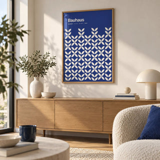 Blue Modern Wall Art, framed on the wall of a modern city-flat living room