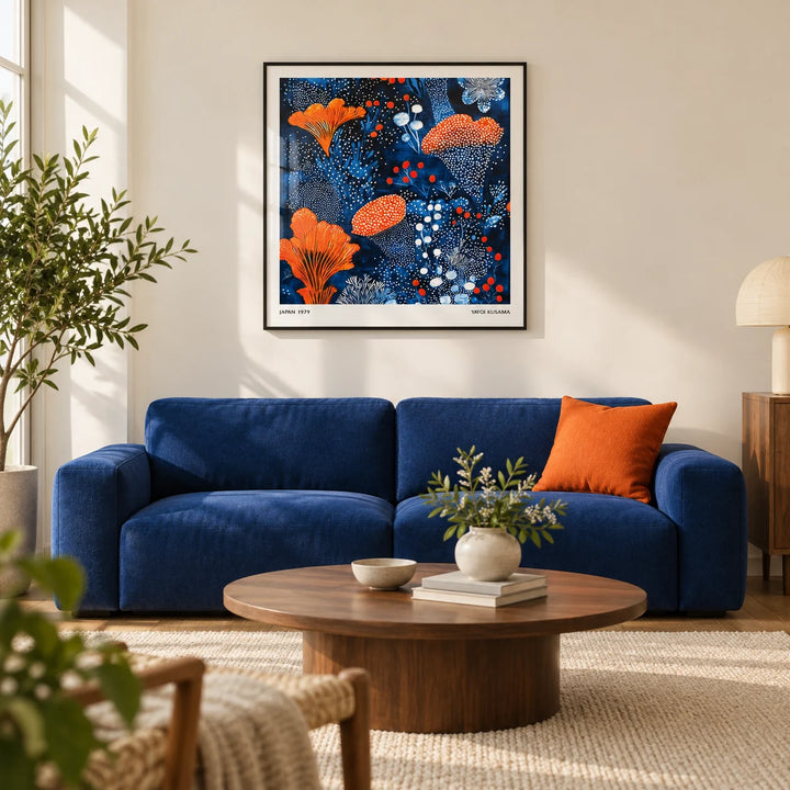 Blue Orange Wall Art, framed on the wall of a contemporary living room in a UK city flat with a warm white wall