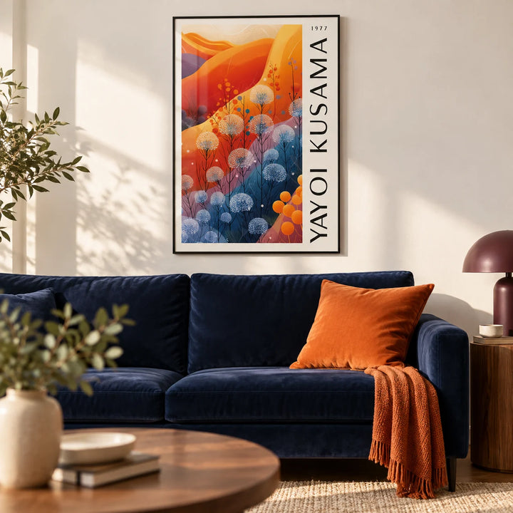 Blue Orange Wall Decor, framed on the wall of a modern living room with a warm white wall
