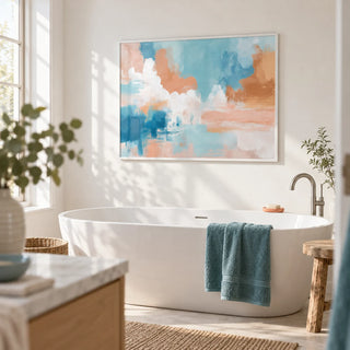 Blue Pink Abstract Painting, framed on the wall of a bright bathroom with white walls