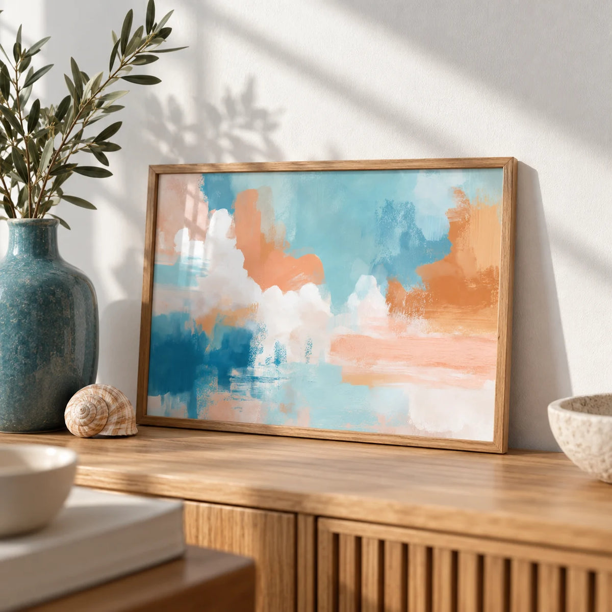 Blue Pink Abstract Painting, a small A4 framed print leaning on an oak sideboard in a living room