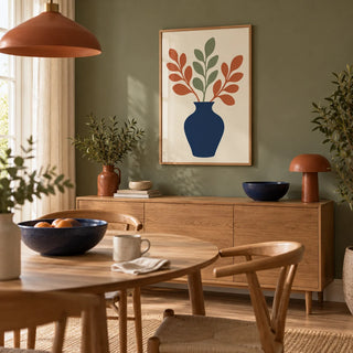 Blue Vase Print, framed on the wall of a modern dining room in a design-conscious UK flat with a muted olive green wall