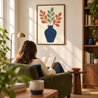 Blue Vase Print, framed on the wall of a sunny reading corner in a UK flat with a cream wall and walnut shelving in a living room