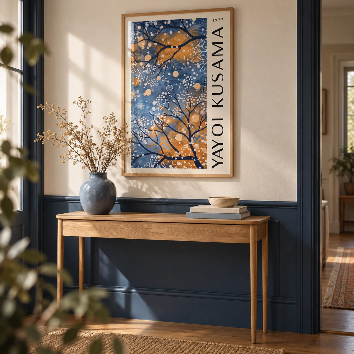 Blue Wall Art for Living Room, framed on the wall of a calm hallway with a navy painted lower wall and a cream upper wall