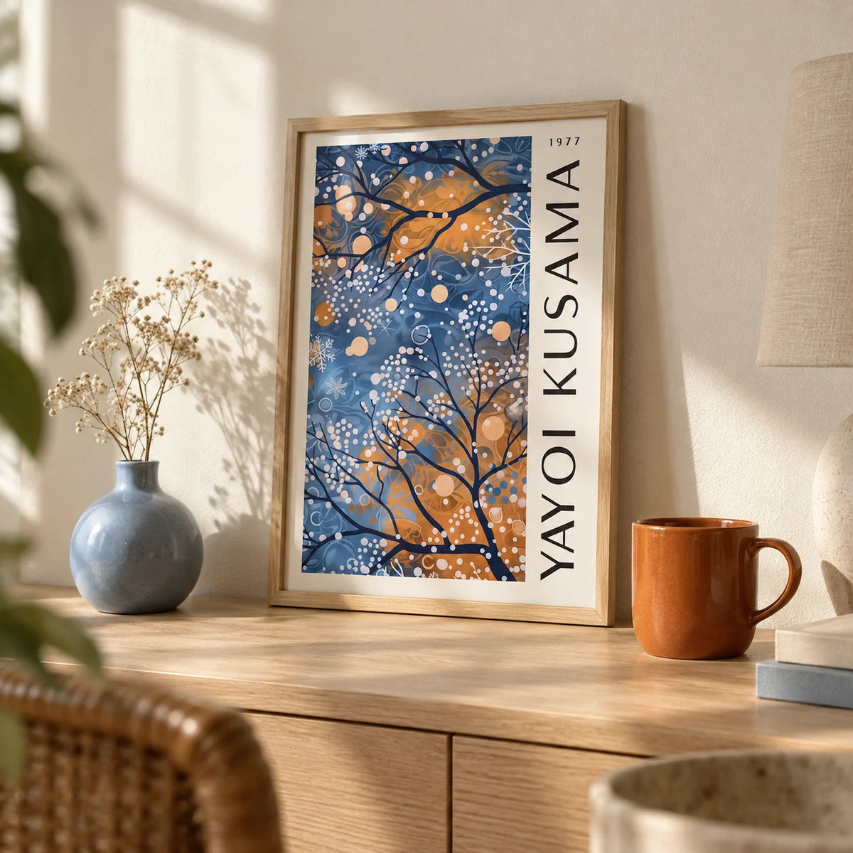 Blue Wall Art for Living Room, a small A4 framed print leaning on a pale oak shelf