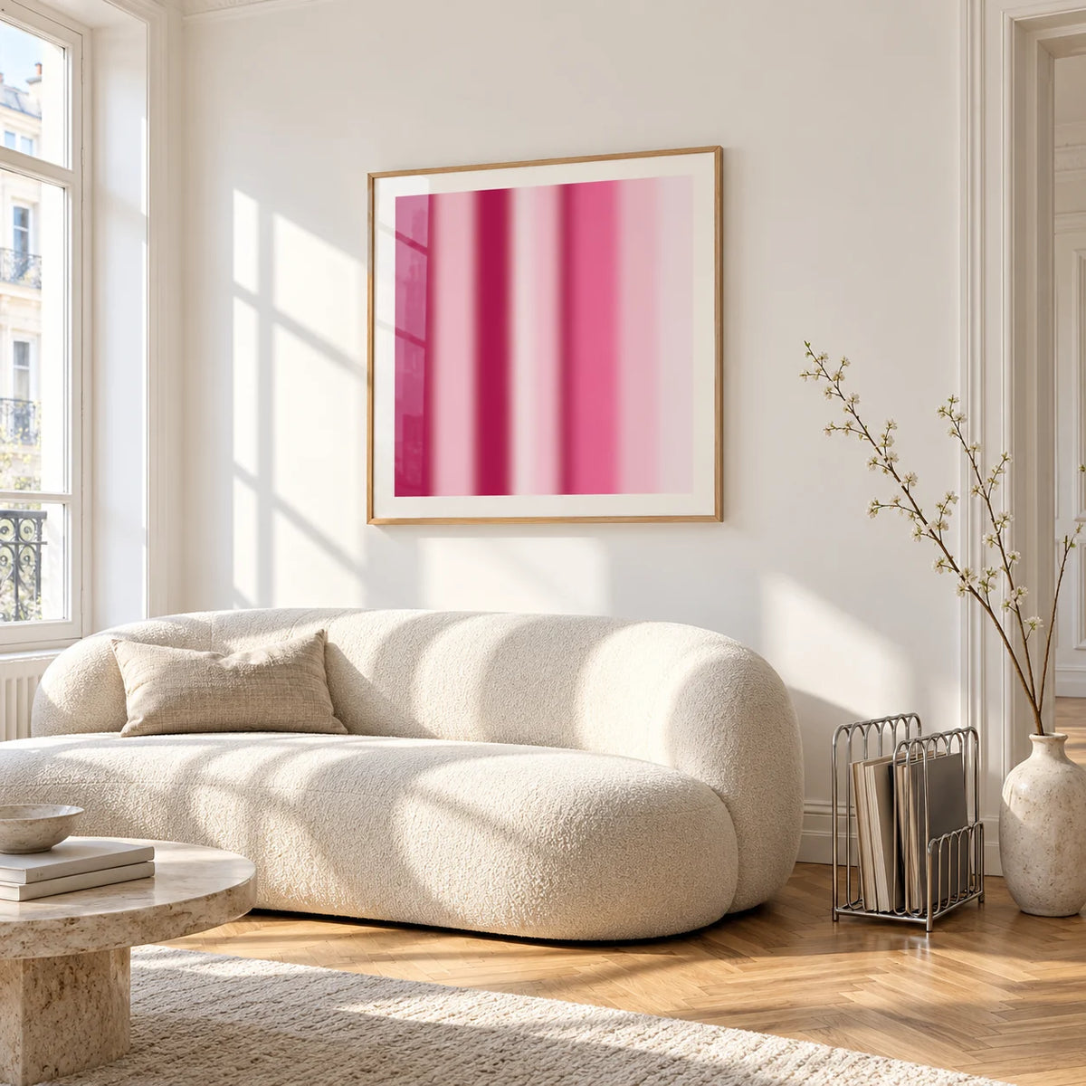 Blurred Print, framed on the wall of a bright living room corner