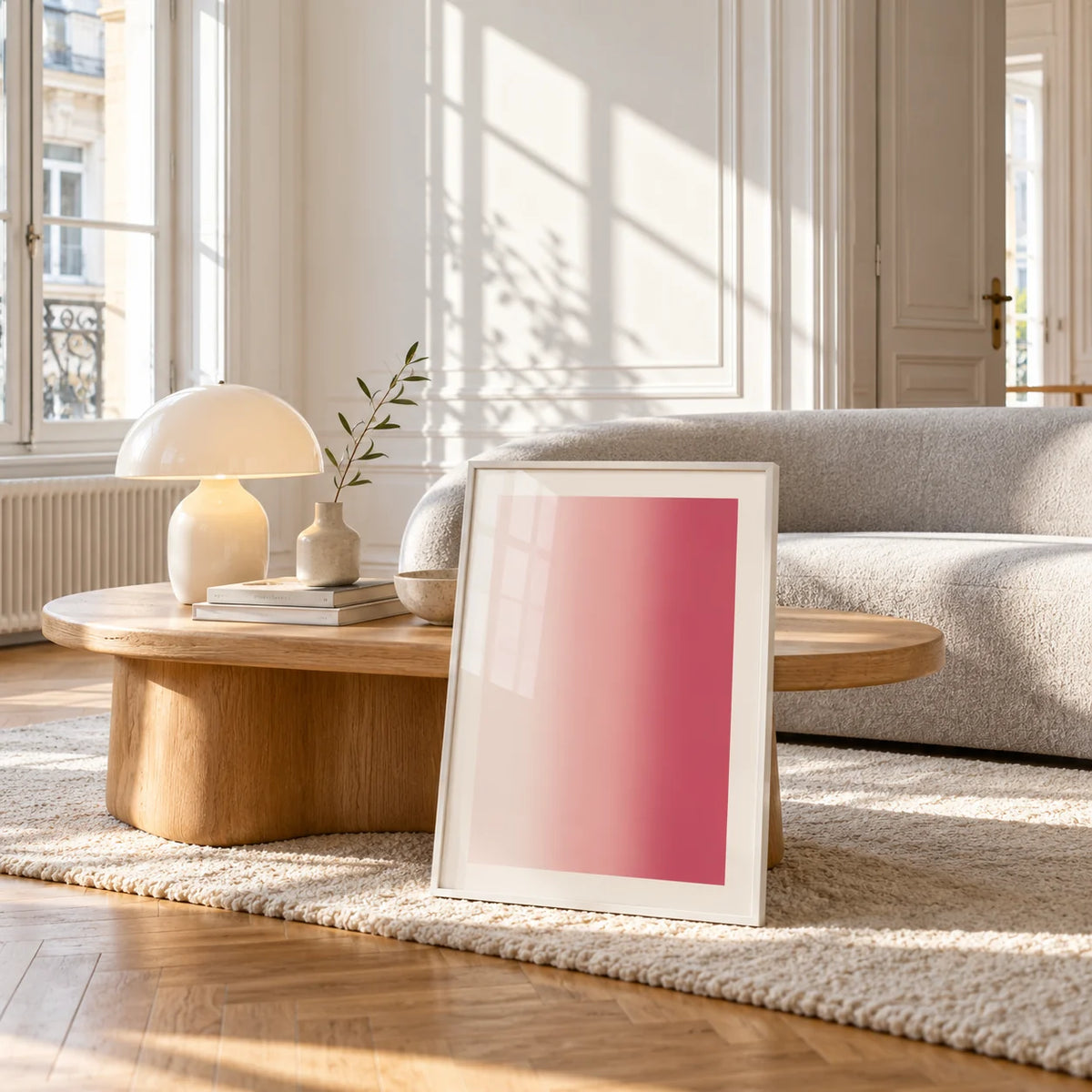 Blush Pink Wall Art, framed and leaning against a coffee table in a bright living room