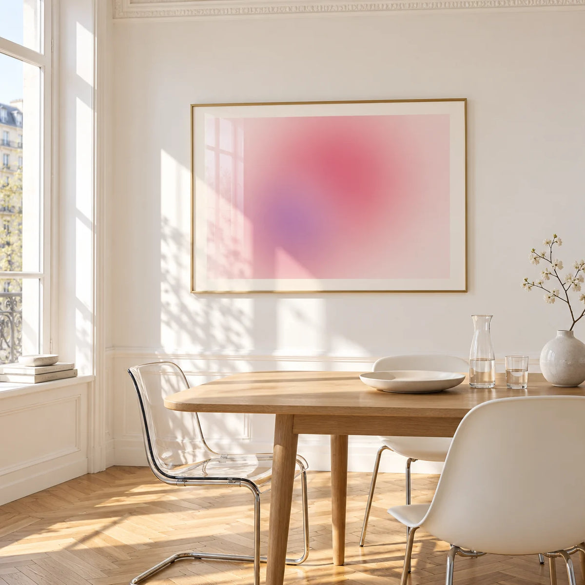 Blush Wall Art, framed on the wall of a bright dining corner