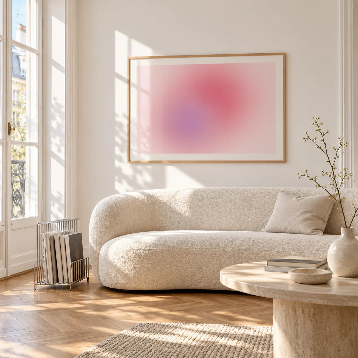 Blush Wall Art, framed on the wall of a bright living room corner