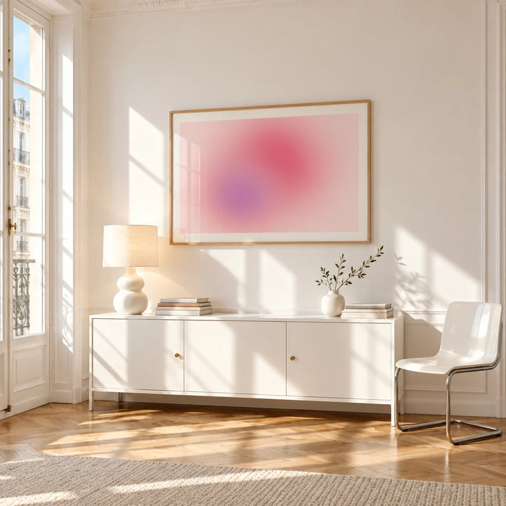 Blush Wall Art, framed on the wall of a bright Paris style apartment in a living room