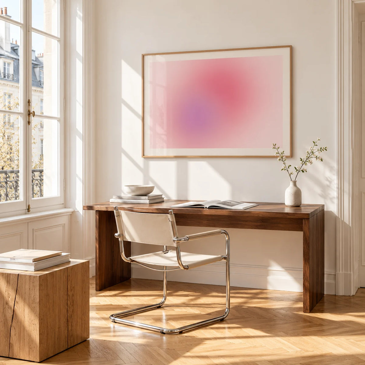 Blush Wall Art, framed on the wall of a bright study corner with a tall white paned window