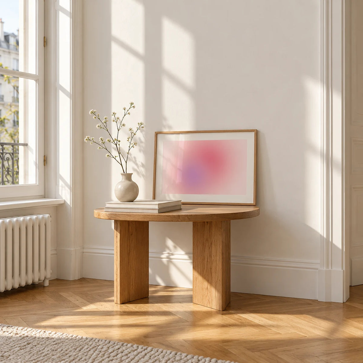 Blush Wall Art, a small A4 framed print leaning on a small solid oak side table