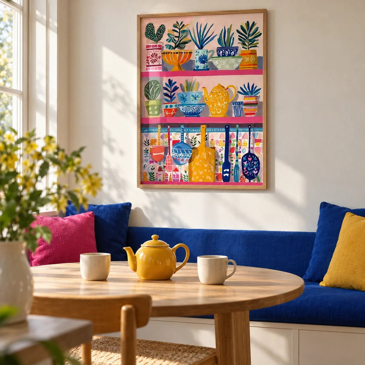 Boho Kitchen Print, framed on the wall of a sunny breakfast nook