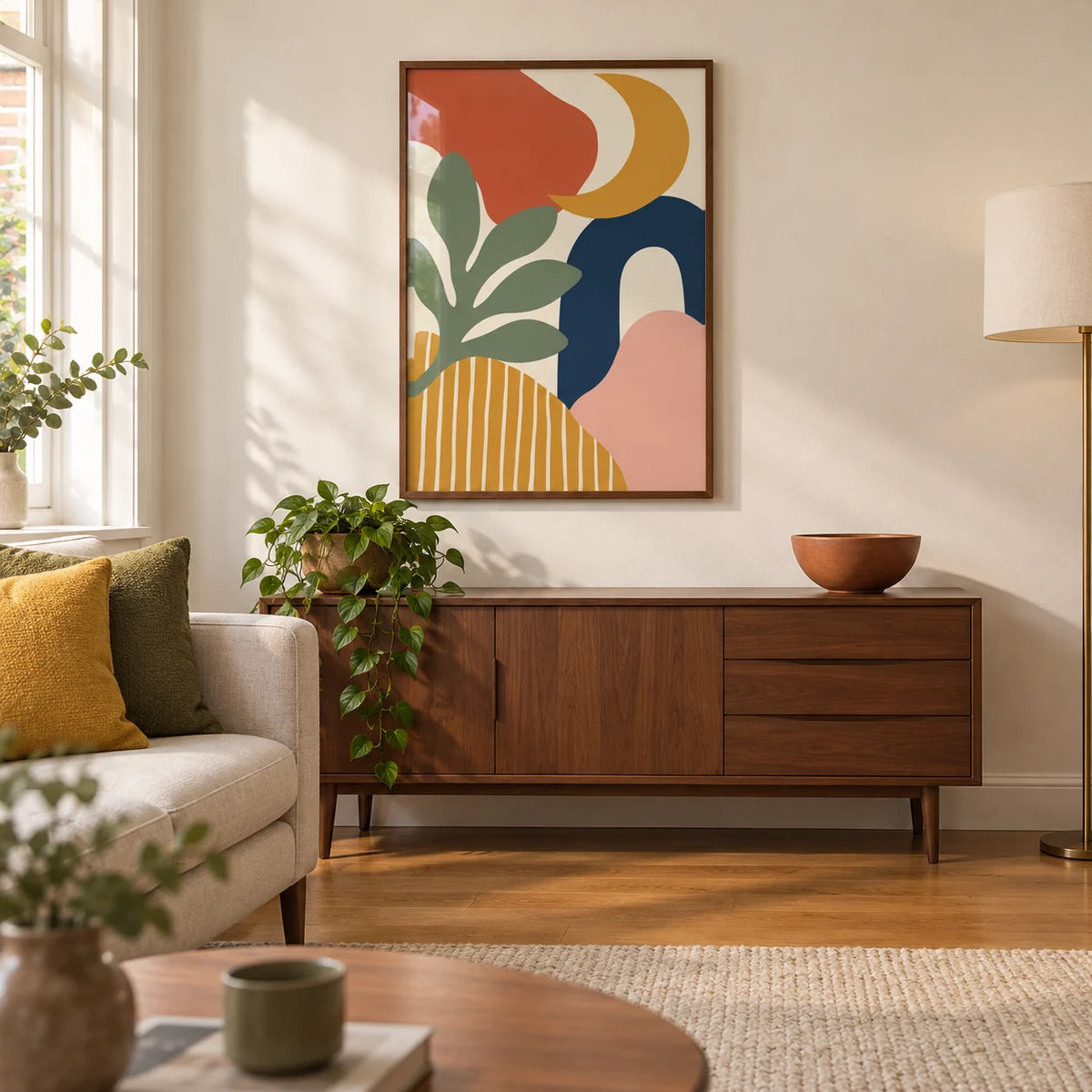 Boho Wall Art, framed on the wall of a modern mid-century living room in a UK terraced home with warm white walls and oak floorboards