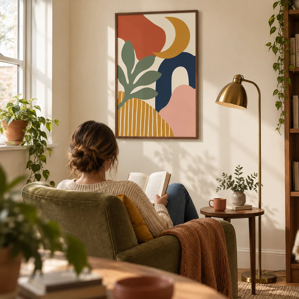 Boho Wall Art, framed on the wall of a relaxed reading corner in a UK first home with warm cream walls in a living room