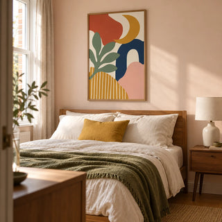 Boho Wall Art, framed on the wall of a warm modern bedroom in a UK terraced house with pale peach walls