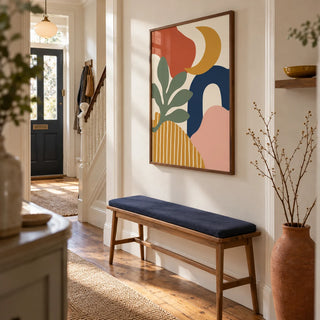 Boho Wall Art, framed on the wall of a welcoming narrow hallway in a Victorian UK terrace with warm white walls and restored wooden floorboards