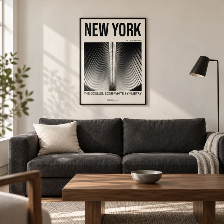 Bone White Architecture Print, framed on the wall of a modern living room in a renovated UK city flat with warm white walls and a walnut floor