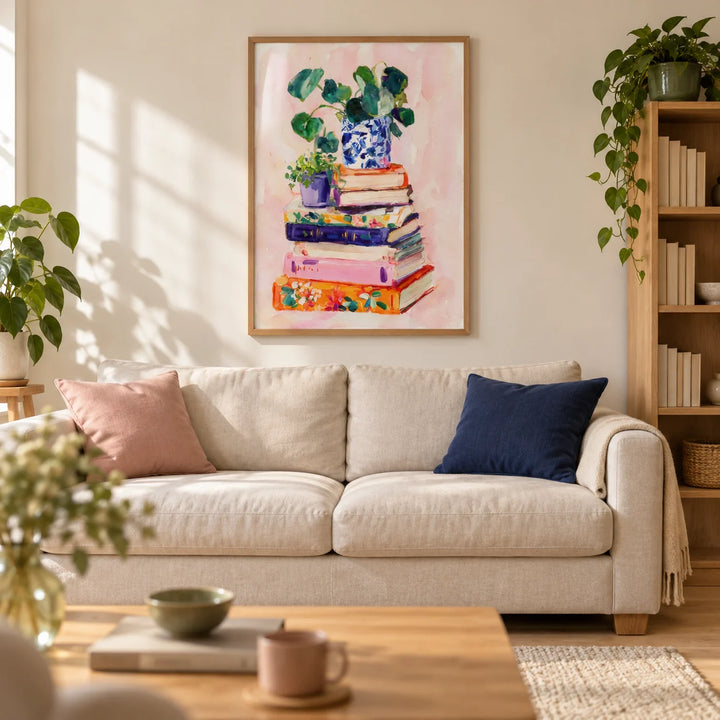 Books And Plants Art Print, framed on the wall of a relaxed living room in a UK terraced home with warm white plaster walls and pale oak floorboards