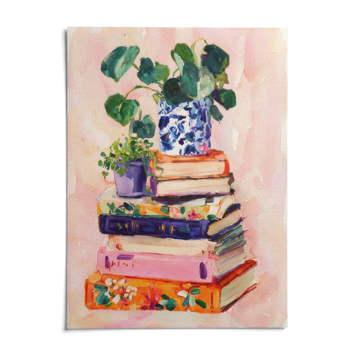 Books And Plants Art Print, shown as an unframed paper print on a plain white background