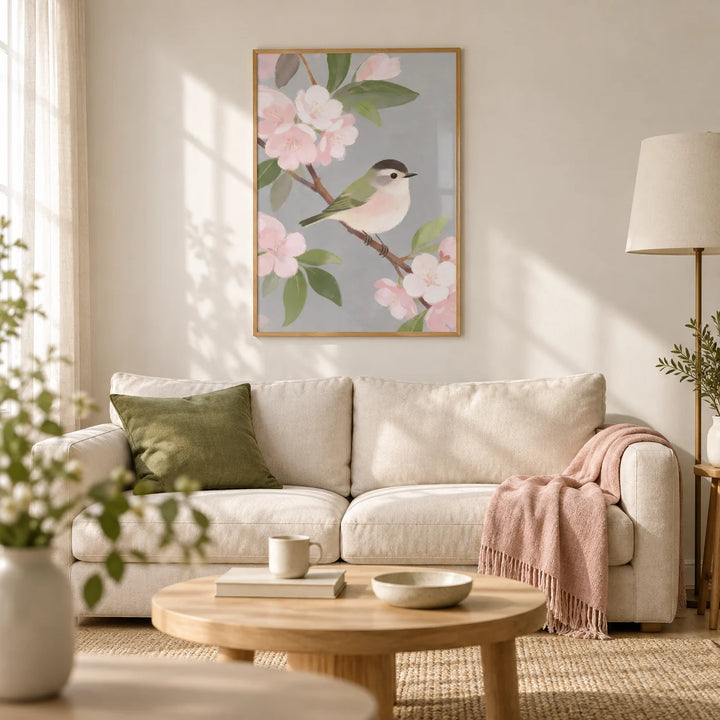 Botanical Bird Wall Art, framed on the wall of a calm Scandi living room in a UK terraced house with a warm white wall and pale oak floor