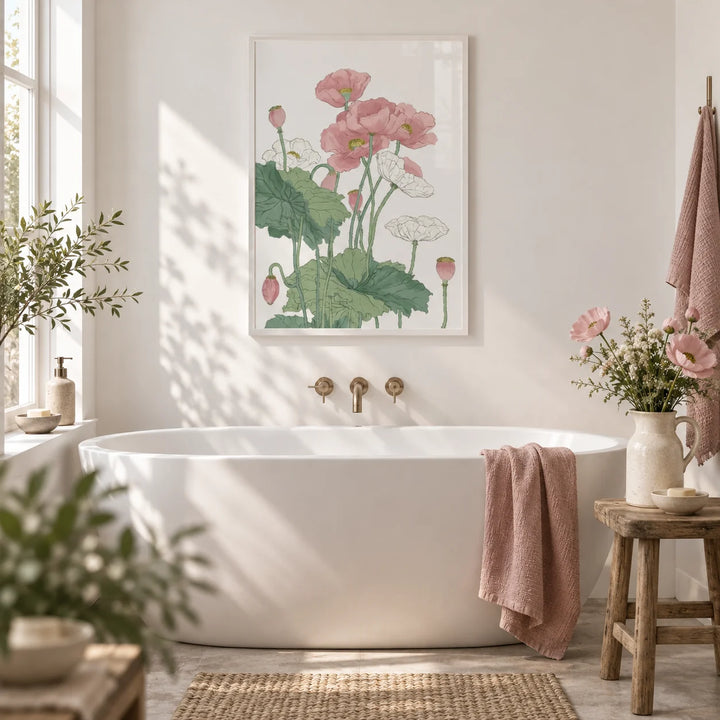 Botanical Flower Print, framed on the wall of a light bathroom