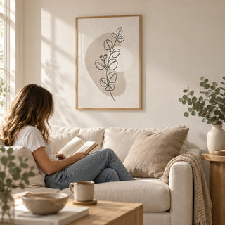 Botanical Line Art Print, framed on the wall of a calm living room