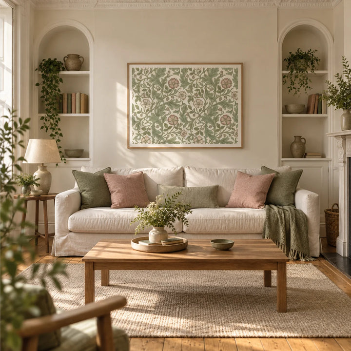 Botanical Wall Decor, framed on the wall of a welcoming living room in a Victorian terrace with warm ivory plaster walls