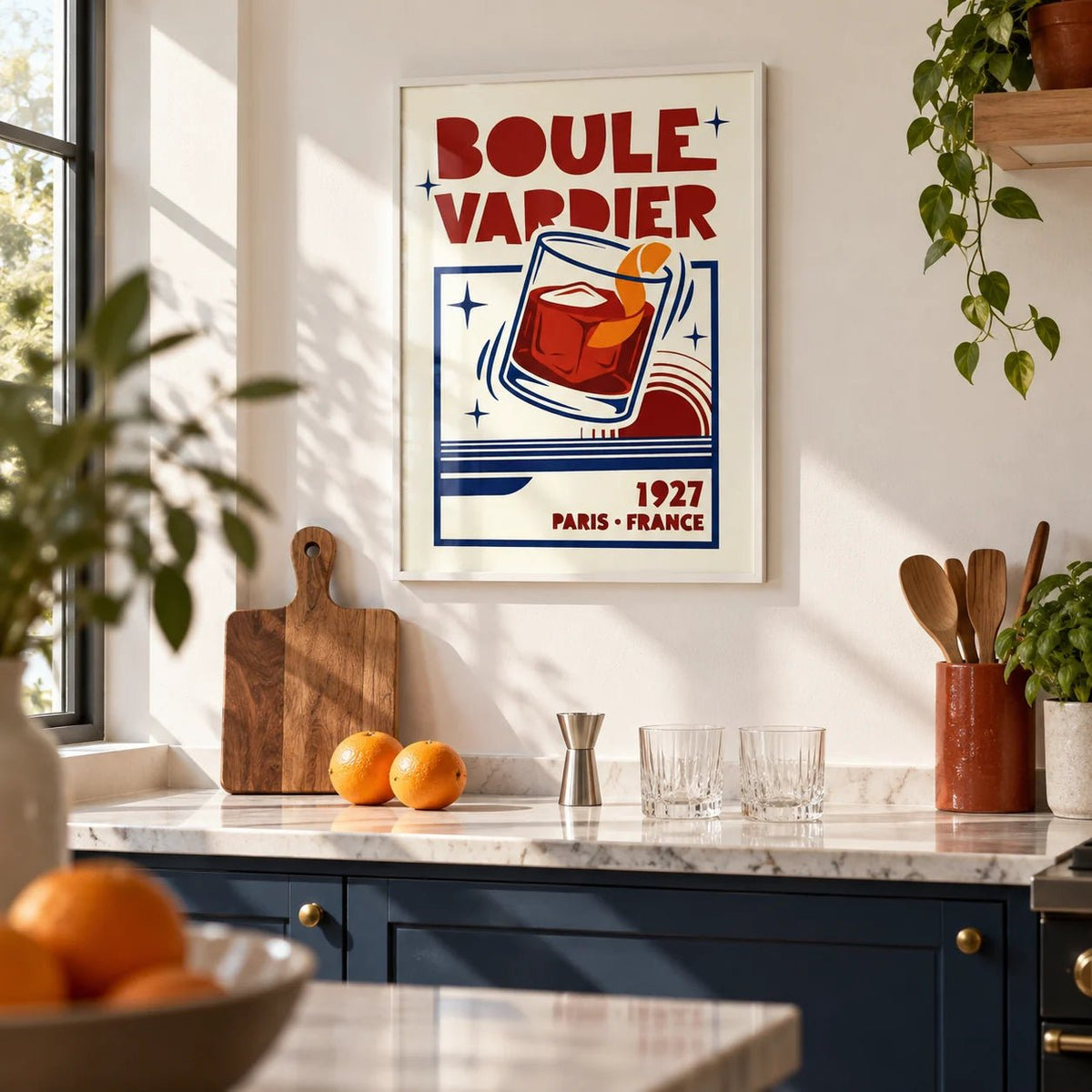 Boulevardier Cocktail Print, framed on the wall of a bright modern kitchen
