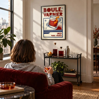Boulevardier Cocktail Print, framed on the wall of a modern city-flat living room