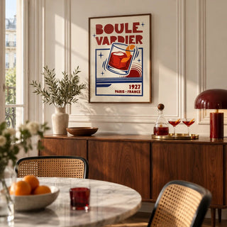 Boulevardier Cocktail Print, framed on the wall of a Parisian-style dining room with a cream panelled wall