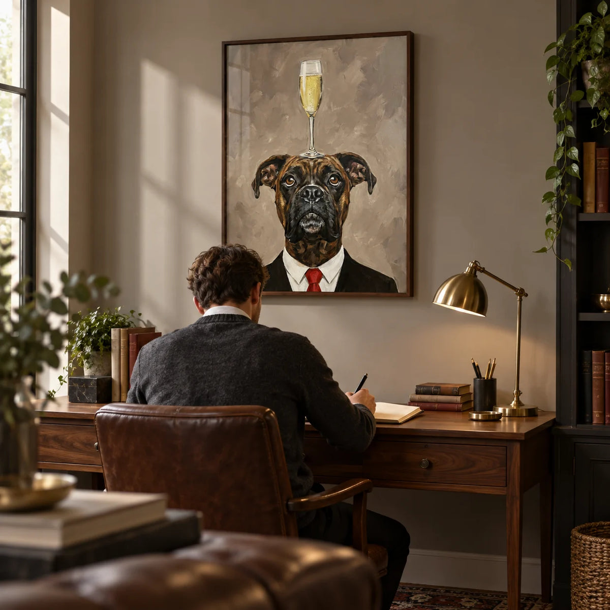 Boxer Dog Poster, framed on the wall of a classic study with a warm grey wall