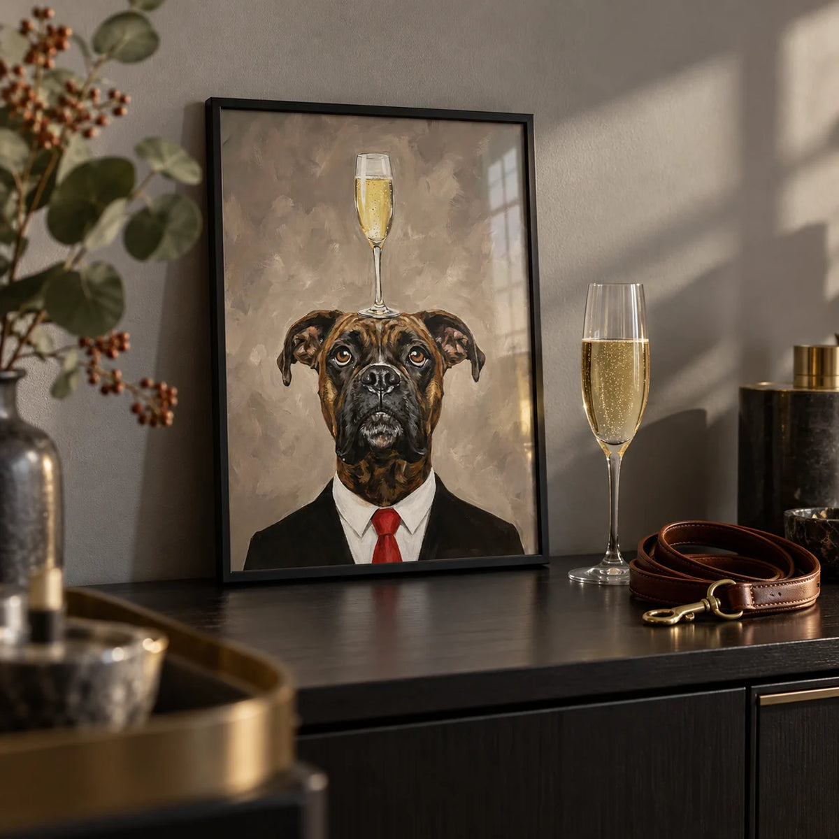 Boxer Dog Poster, a small A4 framed print leaning on a shelf in a living room