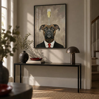 Boxer Dog Poster, framed on the wall of a smart hallway with a warm grey wall