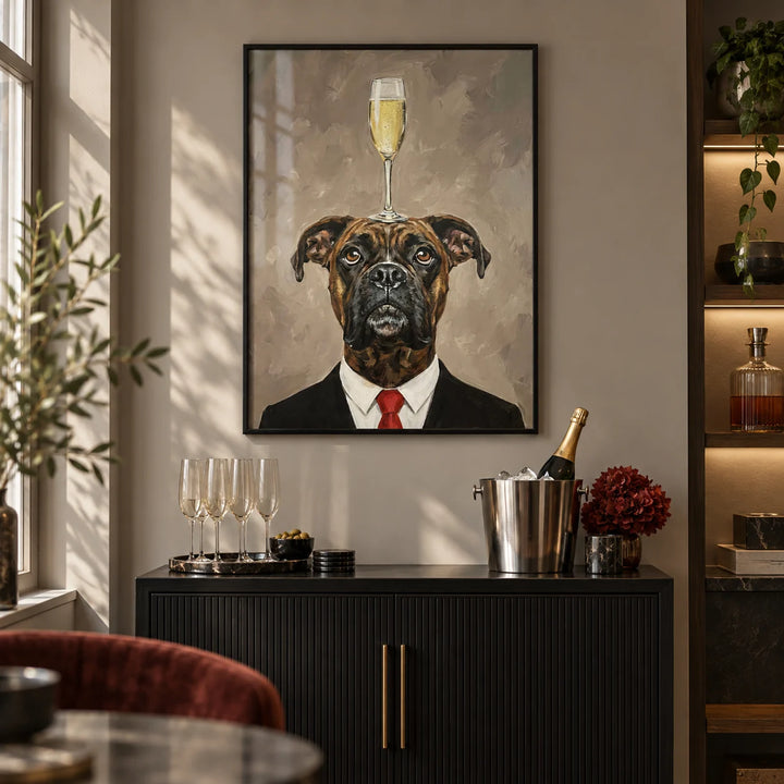 Boxer Dog Poster, framed on the wall of a smart home bar with a warm grey wall in a living room