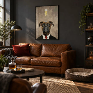 Boxer Dog Poster, framed on the wall of a stylish man cave with a charcoal wall in a bedroom