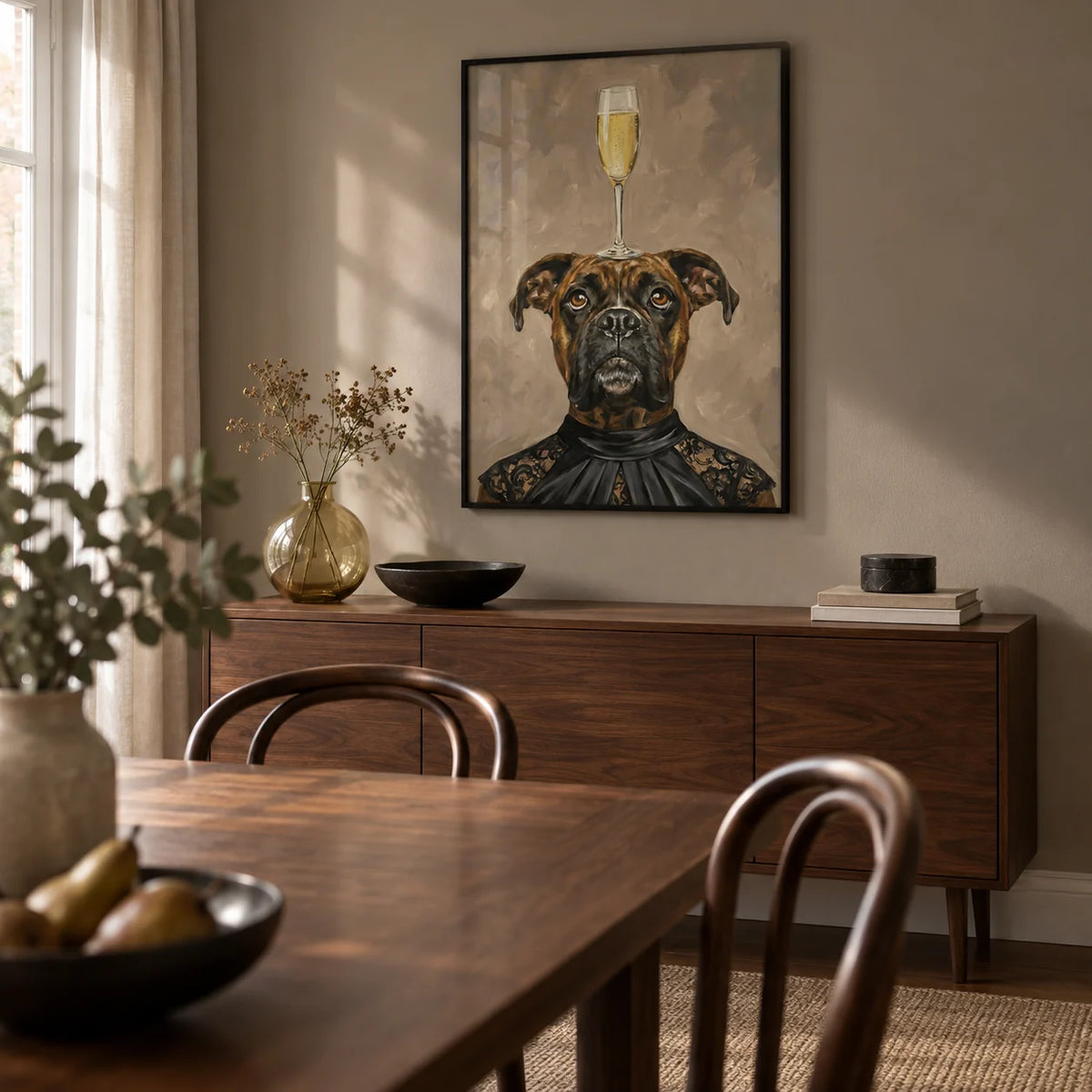Boxer Dog Print, framed on the wall of a compact dining room in a grown-up UK flat with muted taupe walls and a walnut dining table
