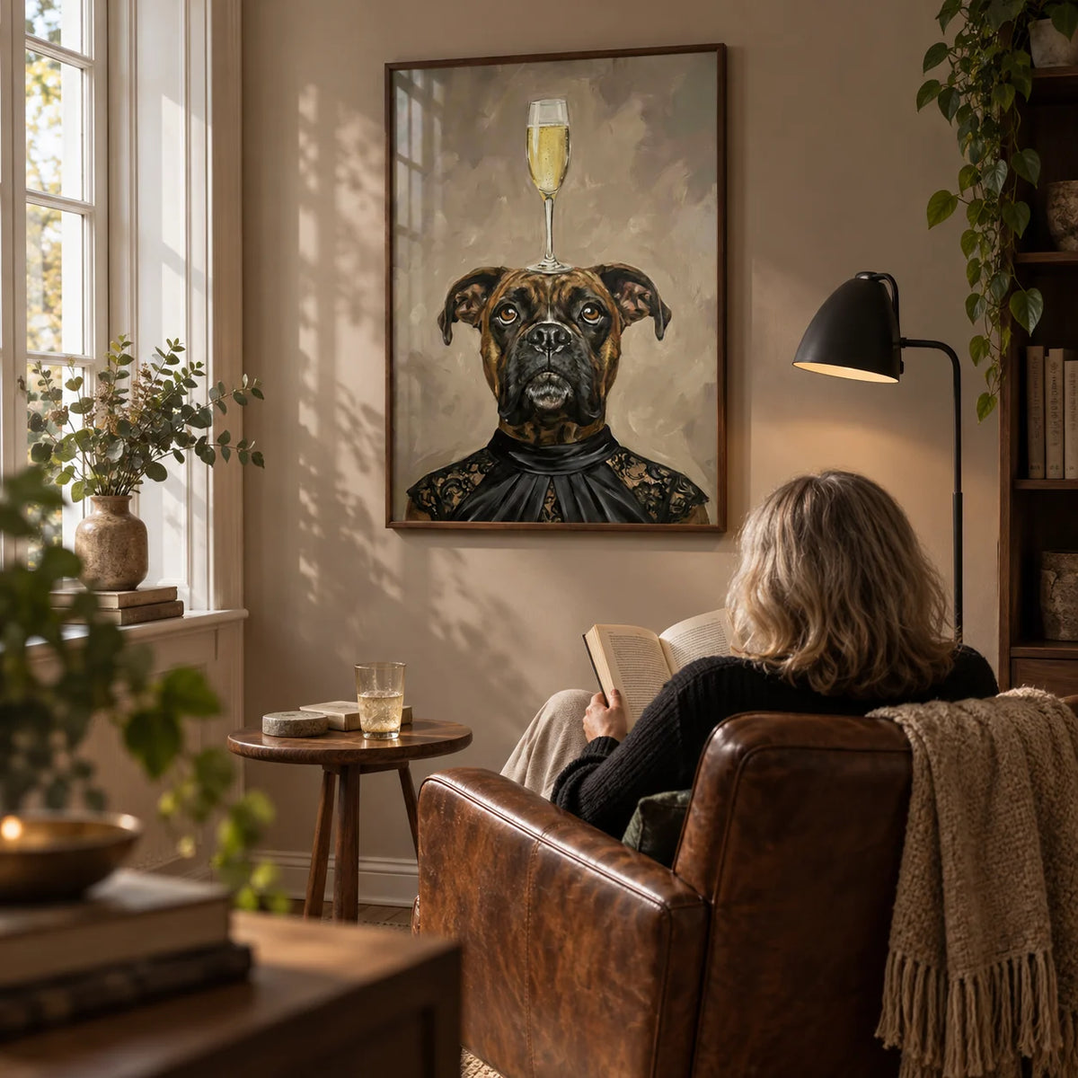 Boxer Dog Print, framed on the wall of a quiet reading corner in a mature couple's UK home with warm taupe walls and a tall window in a living room